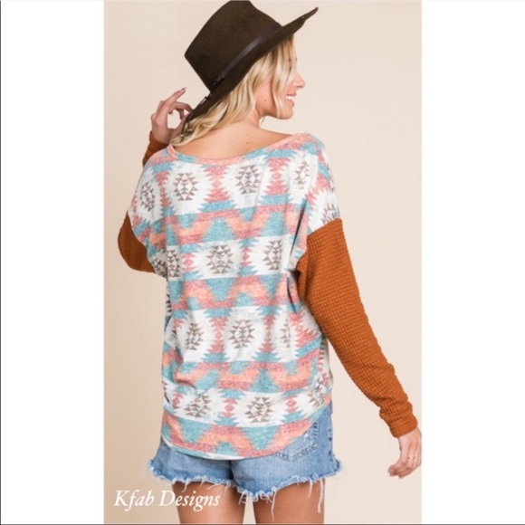 (56)🧡LAST1️⃣🧡New Adorable Color Block Aztec Print Relaxed Fit Thermal Top - Picture 6 of 9
